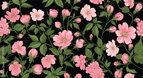 Seamless floral pattern of delicate pink wild roses and green leaves on a dark black background for vintage fabric design.