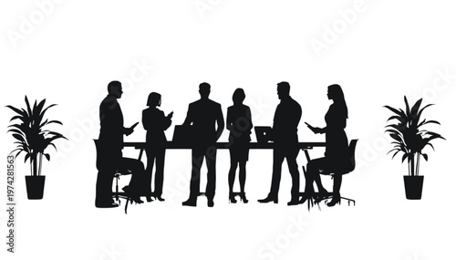 Diverse business team collaborates around a modern table, flanked by plants, fostering a vibrant.