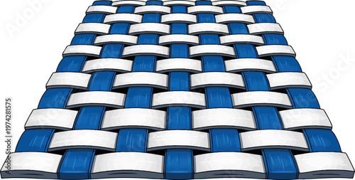 Blue and white interwoven straps create a textured, perspective pattern