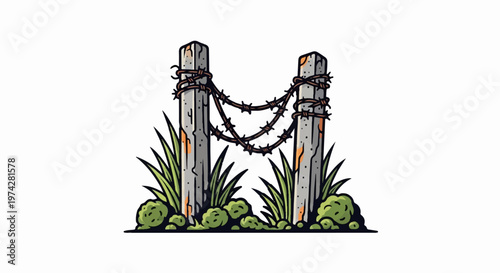 Two weathered wooden posts with barbed wire connecting them, surrounded by rough grass and small green mounds