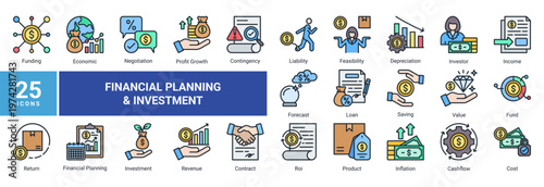 Financial planning icon set with 25 icons including investment,revenue,cashflow,forecast,and ROI.Ideal for business finance,presentation,UI,and infographic design.