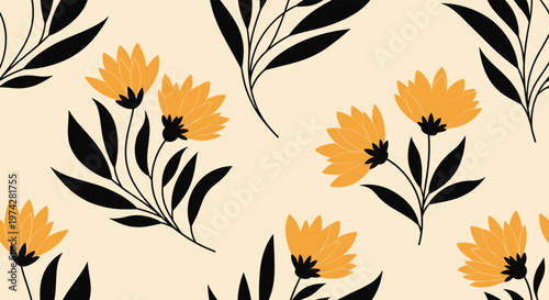 Modern seamless pattern with yellow flowers and bold black leaves and stems on a light neutral cream background.