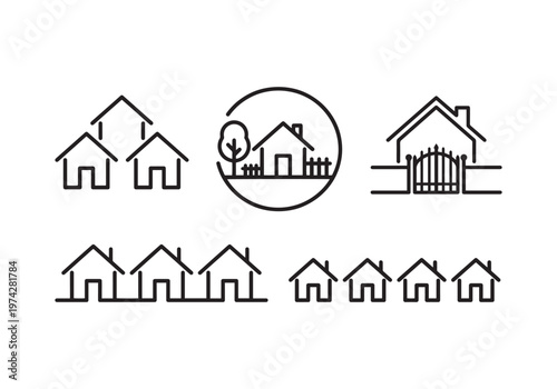 Collection of minimalist house icons representing various residential concepts including clusters, individual homes, gated communities, and suburban streetscapes, perfect for real estate