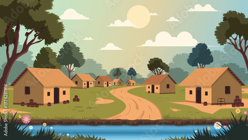 Peaceful rural village landscape illustration featuring traditional mud huts with thatched roofs a winding dirt road flowing river lush green trees and a bright sunny sky background