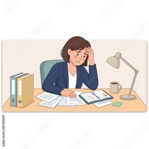 Woman sitting at a cluttered desk appears stressed with papers and a mug nearby.