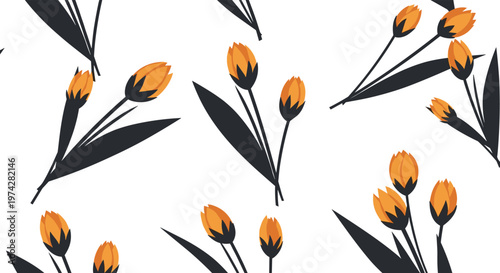 Elegant seamless pattern of orange tulip-like flower buds and black leaves on a clean white background for decor.