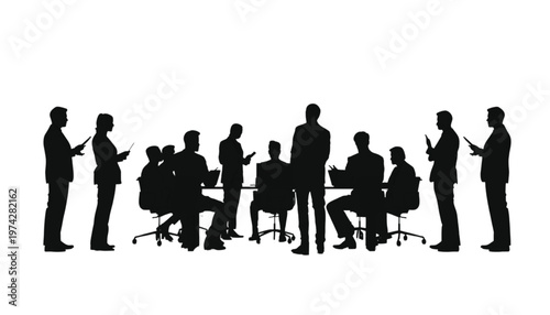 Business people silhouettes attend a formal meeting, collaborating and discussing important strategies.