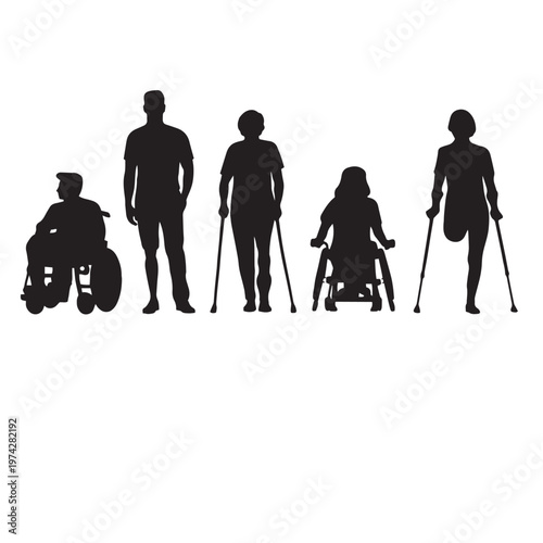 Disability inclusion silhouettes, diverse people with physical disabilities and mobility aids, wheelchair users and amputee on crutches vector