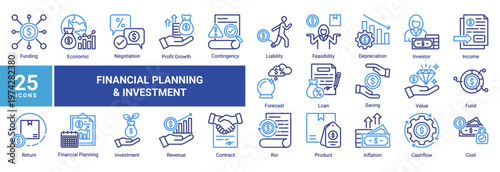 Financial planning icon set with 25 icons including investment,revenue,cashflow,forecast,and ROI.Ideal for business finance,presentation,UI,and infographic design.