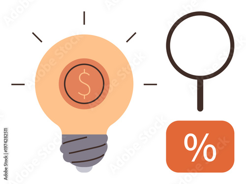 Business strategy, financial planning, innovation, investment, analysis, affordability. Light bulb with dollar sign, magnifying glass and percentage icon. Financial planning and innovation