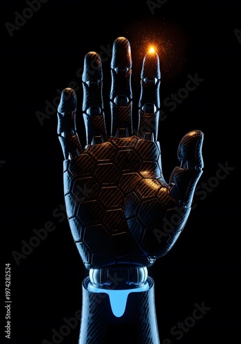 Futuristic Robotic Hand Glowing Nanotech Hexagonal Pattern