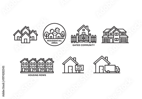 Collection of minimalist line art icons representing various housing types and real estate concepts, including suburban neighborhoods, gated communities, townhouses, homes for