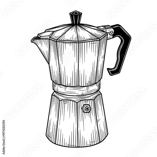 Vintage Moka Pot Coffee Maker - Hand-Drawn Illustration