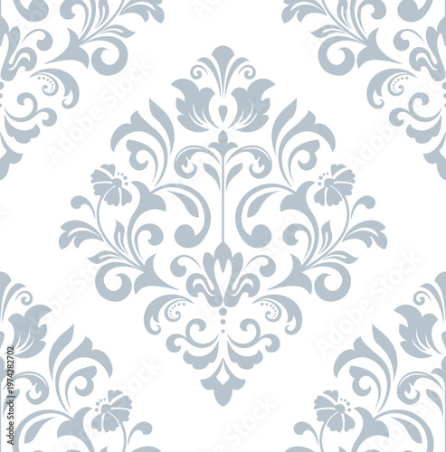 Wallpaper in the style of Baroque. White and gray floral ornament. Seamless vector background. Graphic pattern for fabric, wallpaper, packaging. Ornate Damask flower illustration