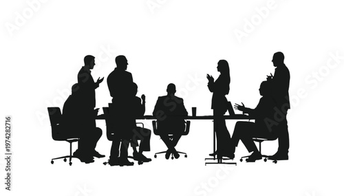 Business executives silhouettes gather around a table, actively engaging in a strategic meeting.