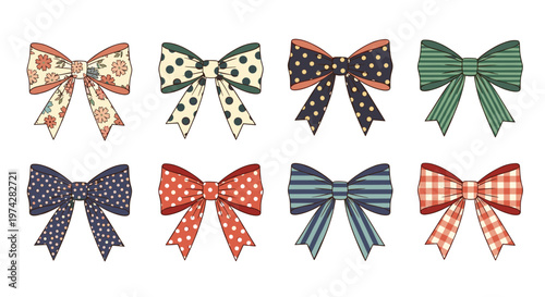 Collection of eight decorative hair bows with various patterns including florals polka dots stripes and gingham.