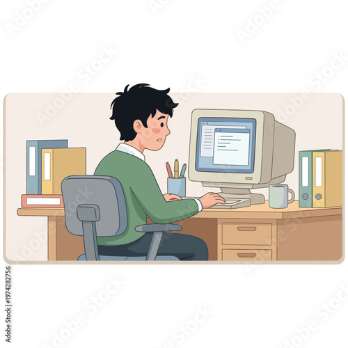 Man sitting at desk working on computer with office supplies