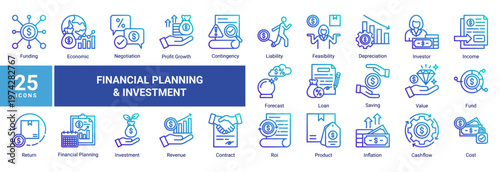 Financial planning icon set with 25 icons including investment,revenue,cashflow,forecast,and ROI.Ideal for business finance,presentation,UI,and infographic design.