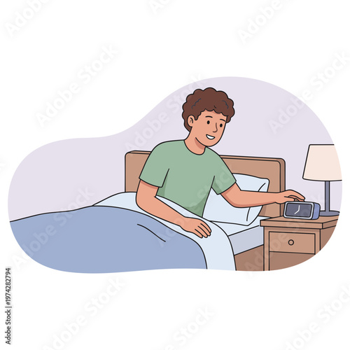 Man wakes up in bed and turns off alarm clock on nightstand