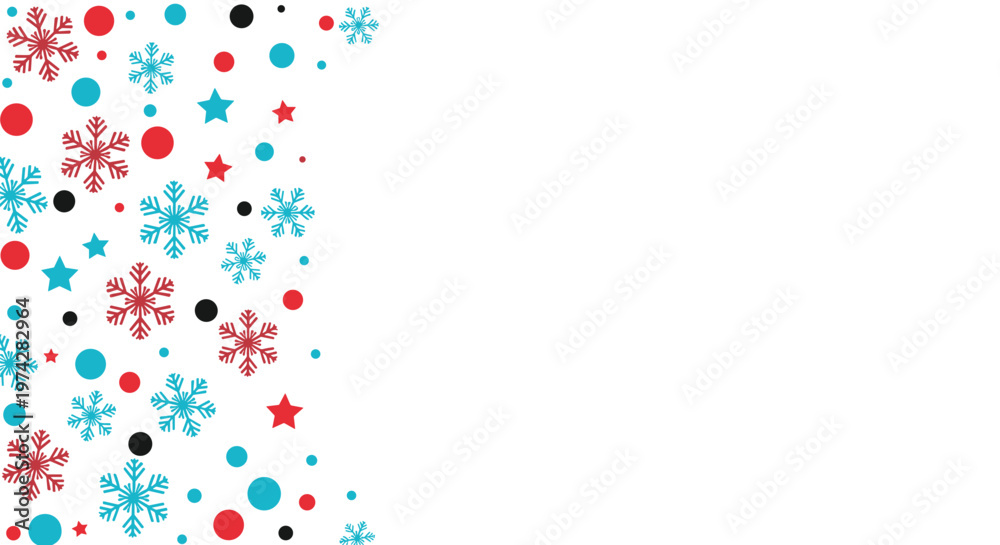 Fototapeta premium Winter background with colorful snowflakes dots and stars arranged along the left border for a festive holiday layout.
