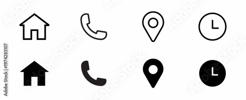 Set of company connection business card curriculum vitae icon set. home, phone, location, clock, vector. illustration vector