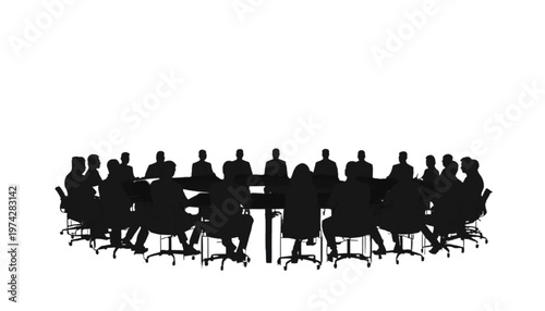 Large corporate group silhouettes occupy a spacious circular table, representing a comprehensive board.