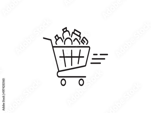 Title simple line drawing of a shopping cart overflowing with goods representing abundance and consumption description a minimalist black and white line