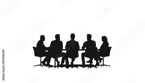 Small business team silhouettes are seated around a circular table, participating in a focused group.