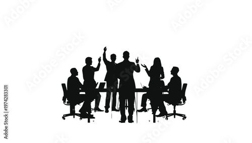 Business team silhouettes engage in an active meeting, with some members raising hands for participation.