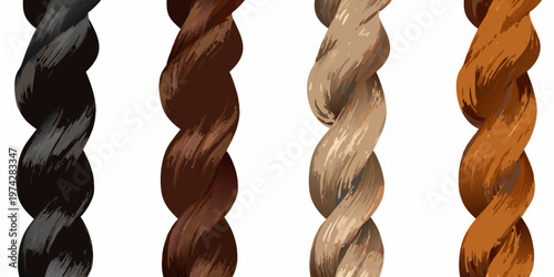Four braided hair strands in varying shades of brown against white