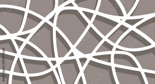 Complex pattern of overlapping white curved lines on a taupe background with shadows creating depth and movement.