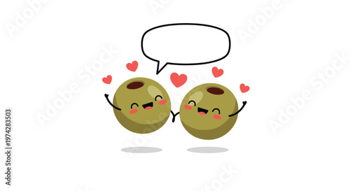 Adorable illustration of two olives with happy faces and hearts with a blank speech bubble for a cute message.