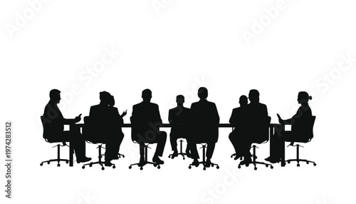 A diverse group of business professionals participates in an important meeting around a large conference.