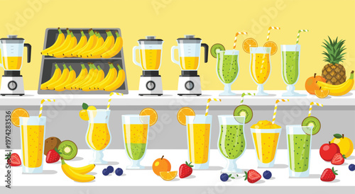 Vibrant juice bar interior featuring electric blenders full of yellow liquid and assortment of tropical fruit drinks. Counter display includes bananas kiwi strawberries pineapple and orange slices.