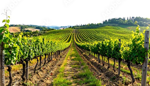 Expansive vineyard, sun-drenched, rows of green grapevines reaching toward rolling hills under a clear sky. A Tuscan landscape