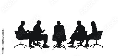 Silhouettes of business professionals collaborate during a productive meeting at a round table.