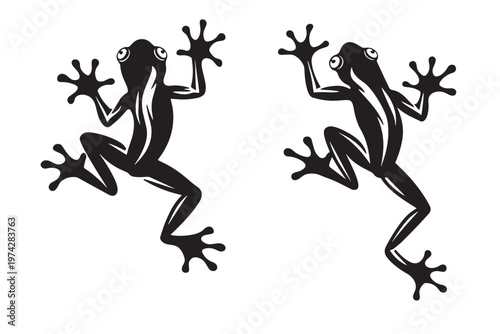 Stylized tree frog vector silhouettes, black and white amphibian icons, climbing tropical frog illustrations for nature logos and decals