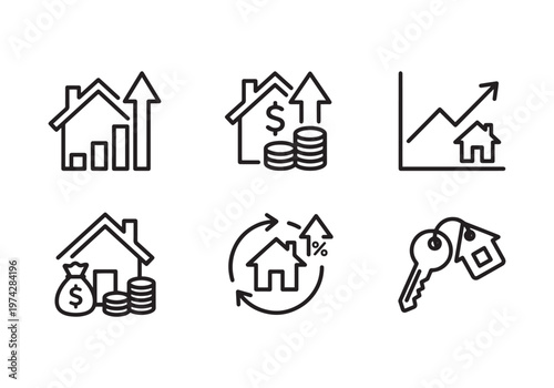 Collection of six line art icons representing real estate growth, investment, and ownership, symbolizing financial success and property market trends with clear,