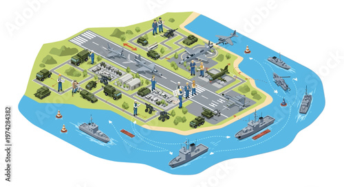 Isometric 3D illustration features a military naval base with warships docked at the shipyard, alongside a maritime facility and navy ships, all meticulously planned on a strategic map
