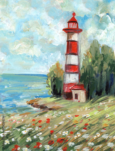Bild auf Leinwand Illustration with a seascape and a lighthouse, acrylic, oil, or gouache painting