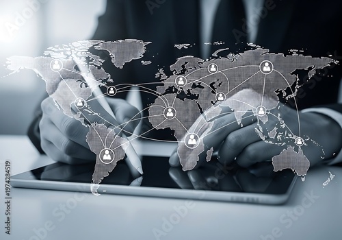 Global connection and business network concept with a person using a tablet and world map