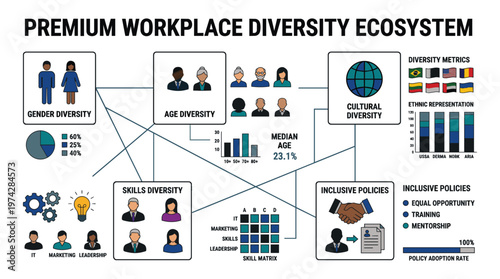 Premium workplace diversity ecosystem with inclusive policies and metrics
