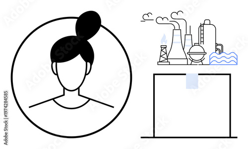 Environmental awareness, pollution, industry, sustainability, personal responsibility, carbon footprint. Female silhouette beside industrial factory scene. Pollution and personal impact concepts