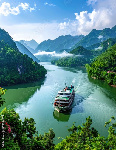 A scenic view of a cruise ship navigating a winding river through lush green mountains under a bright blue sky with scattered clouds.