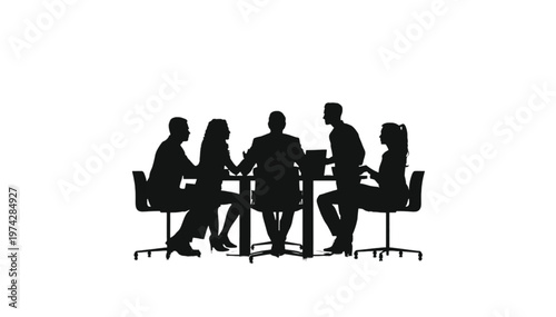 Five business professionals seated around a circular table, actively participating in a focused meeting.