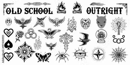 Collection of vintage tattoo flash designs with bold black silhouette
