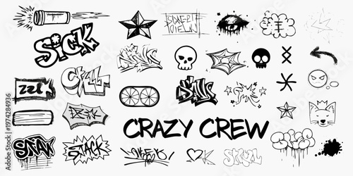 Collection of hand drawn street art doodles and graffiti a dark silhouette