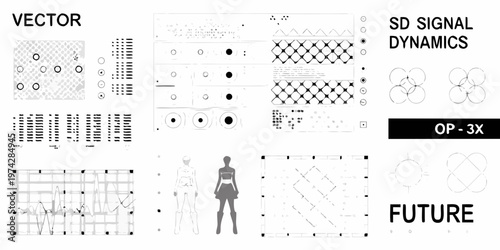 Technical diagrams geometric patterns and a fashionable figure silhouette