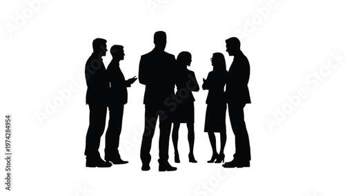 Small group of business people in silhouette, engaged in a casual conversation and collaboration, fostering.
