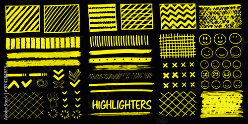 Abstract yellow highlighter marks and doodles on a black background silhouette